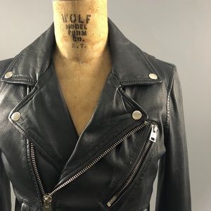 MAJE navy leather moto jacket